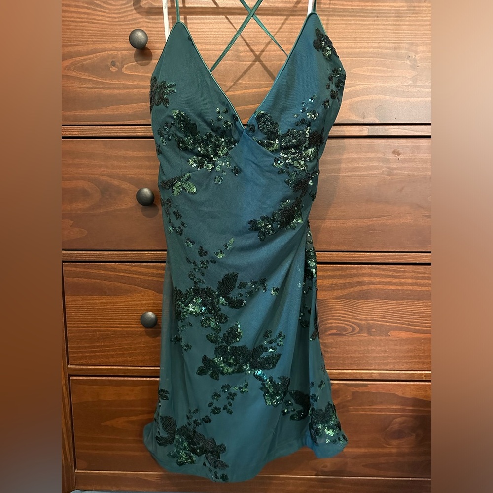 Lulu’s Valhalla Forest Green Mesh Sequin Lace-Up Mini Dress NWT